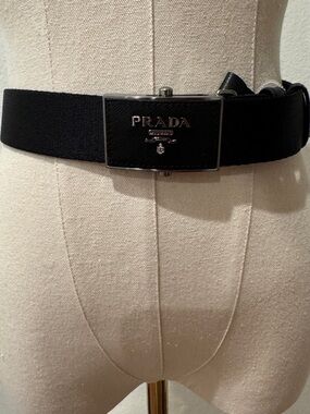 Prada Black Men's Logo Buckle Belt with Silver Plaque